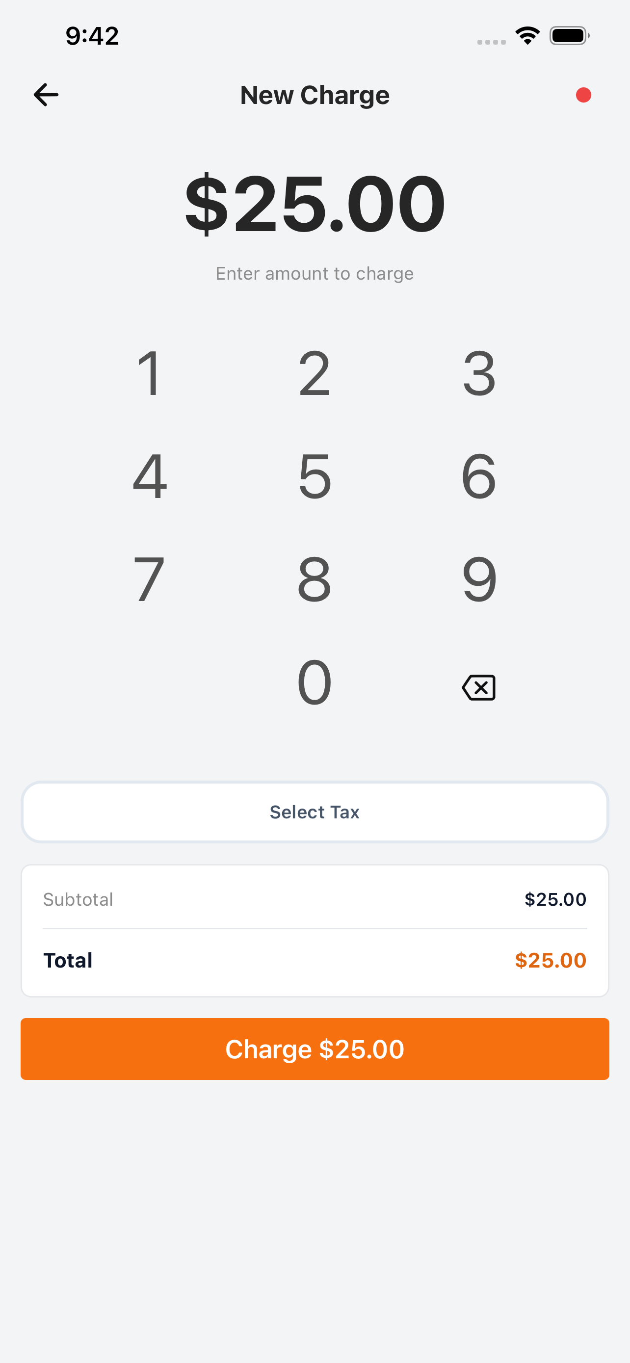 SimplaTask mobile app new charge screen for virtual terminal payments