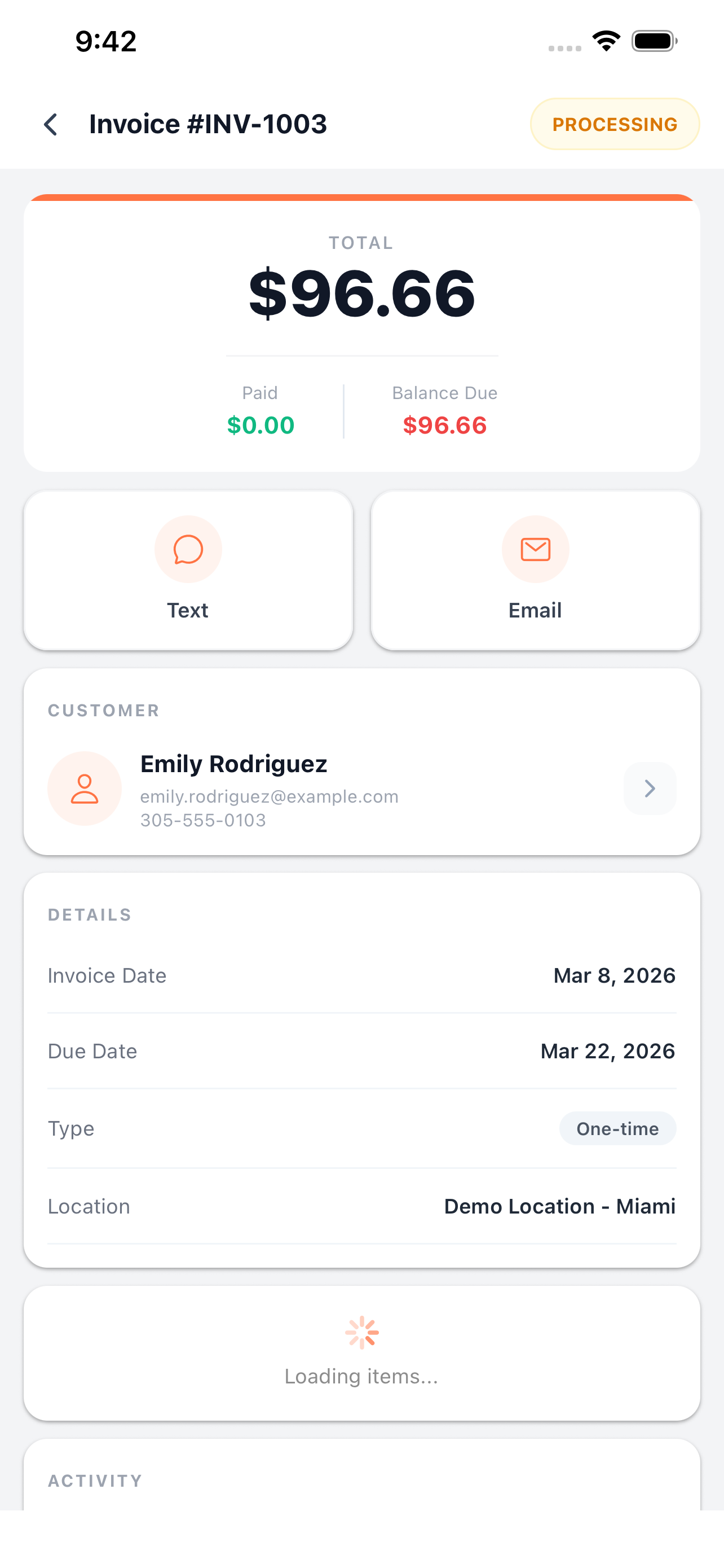SimplaTask app invoice detail with status and customer info