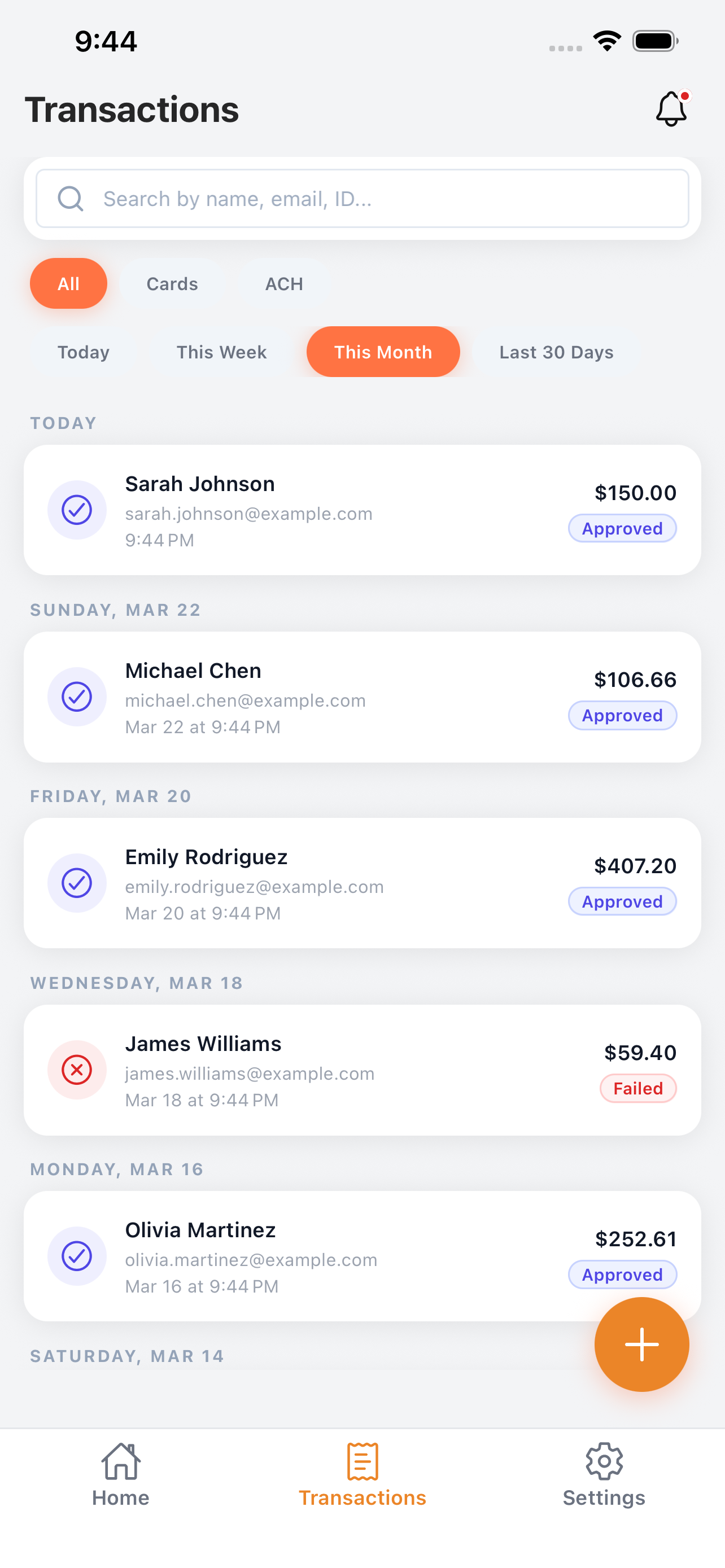 SimplaTask app transactions list with filters