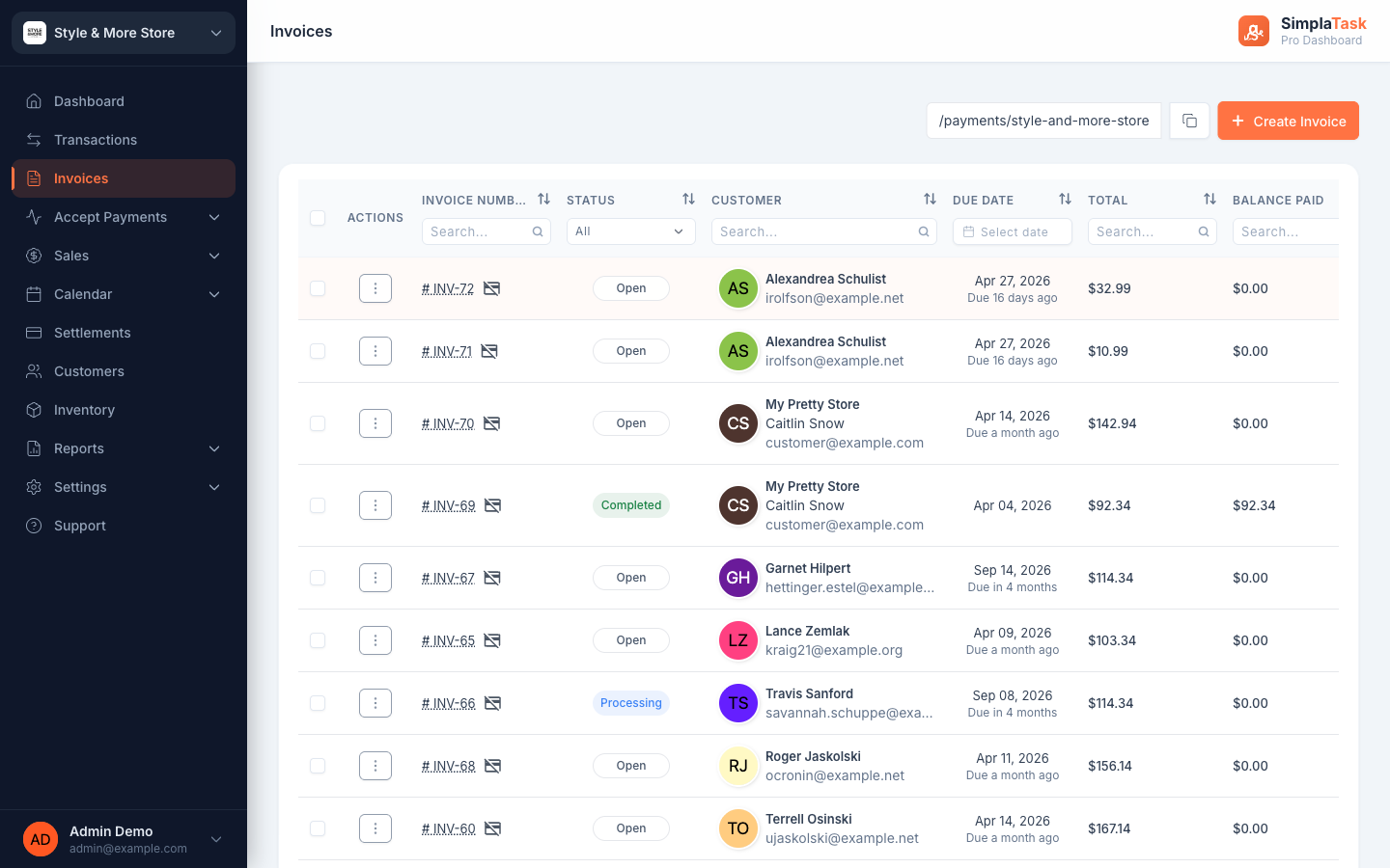 SimplaTask invoices list showing scheduled recurring invoices with status, due date, and amount columns