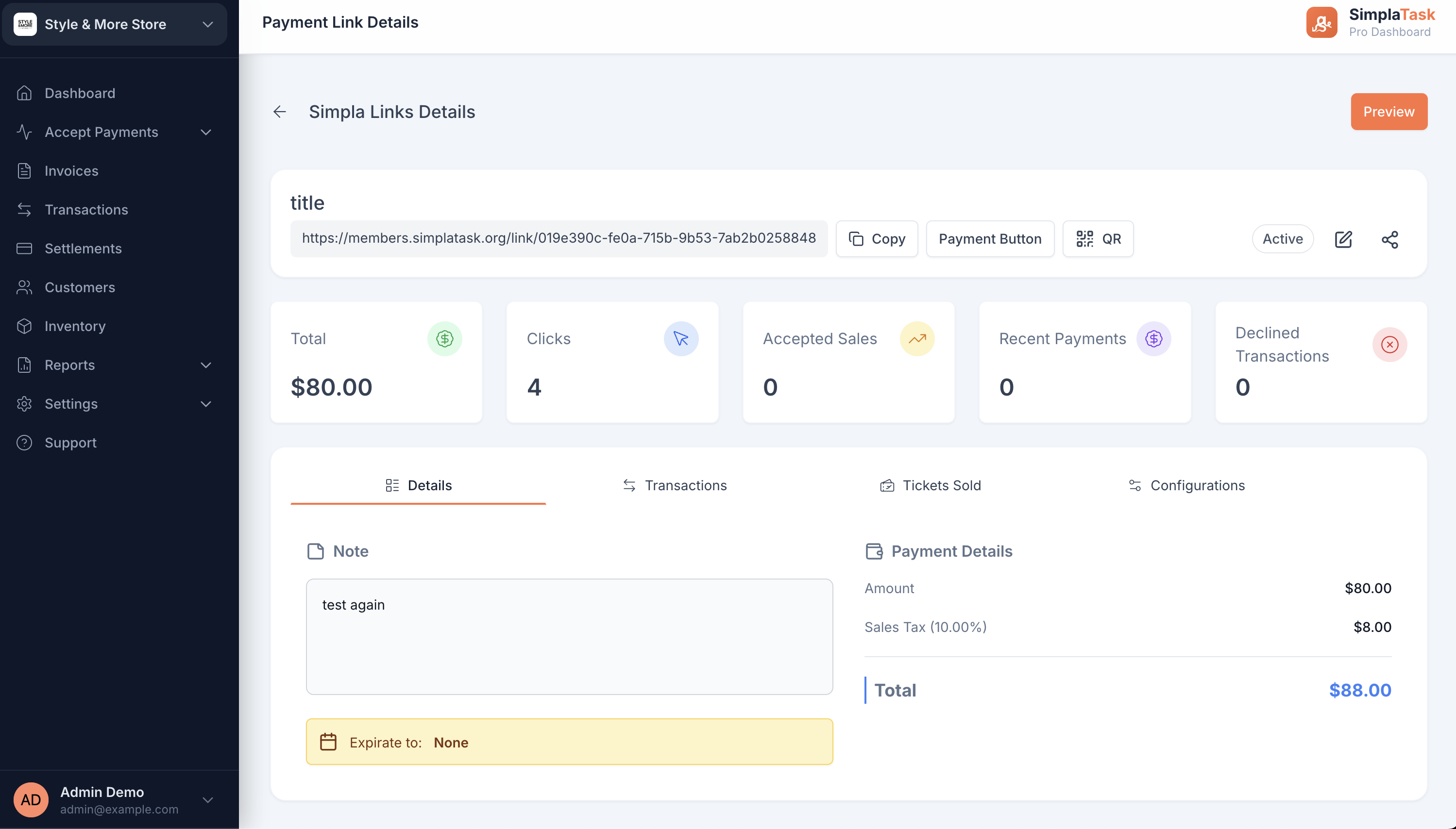SimplaLinks Payment Link Details dashboard — link URL, copy and QR actions, stats for clicks, accepted sales and recent payments, with payment details breakdown
