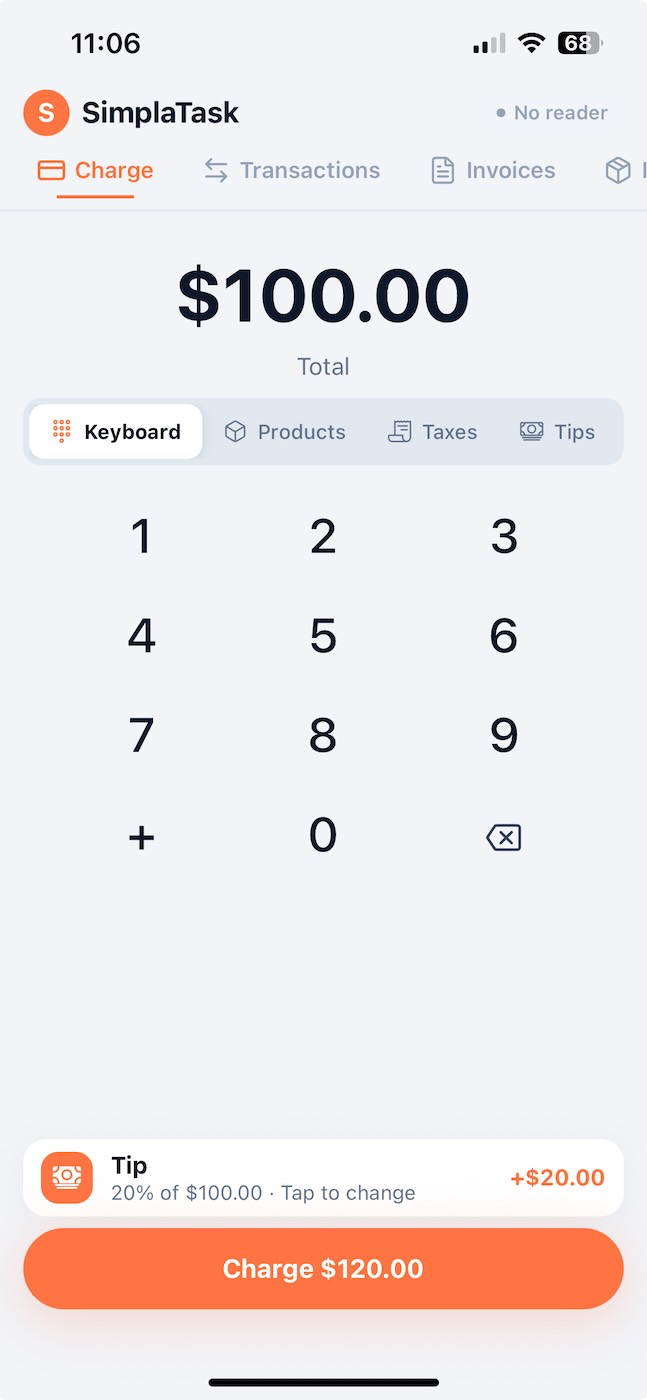 Pantalla de cobro de la app móvil de SimplaTask