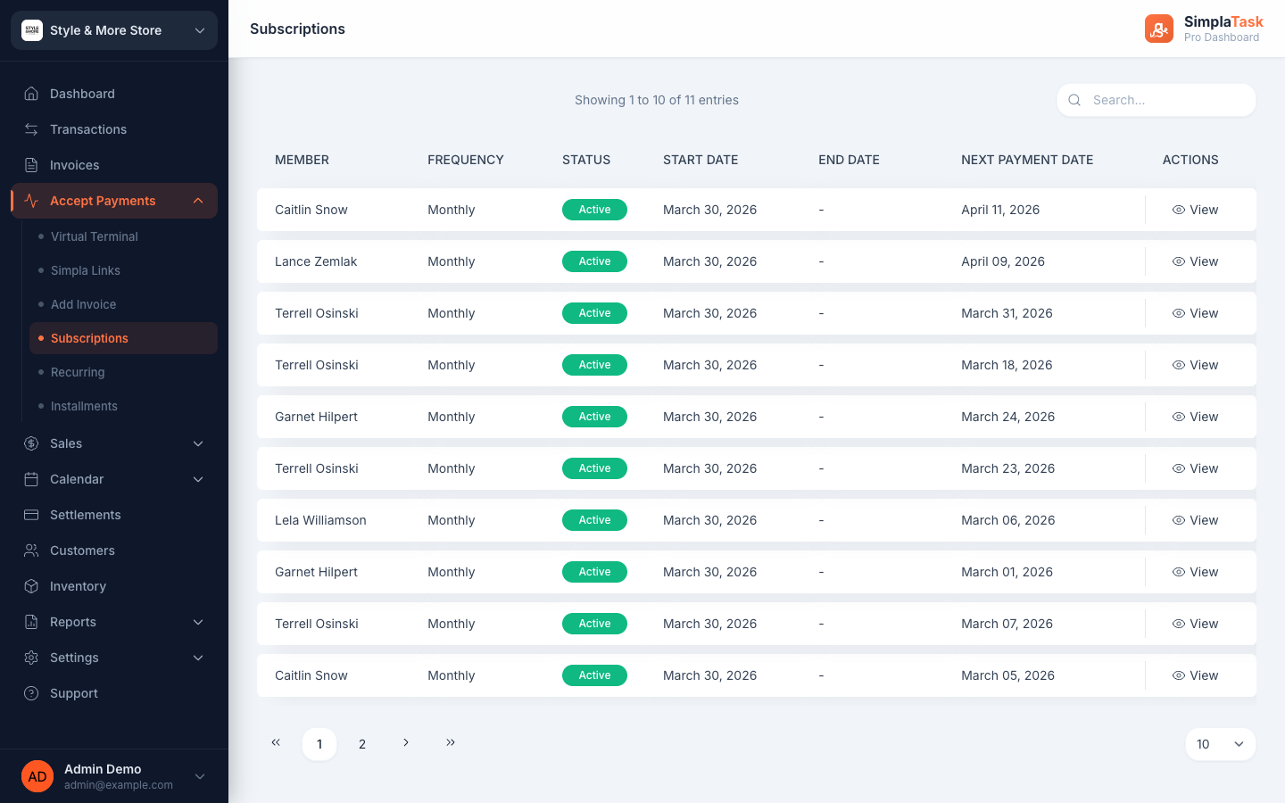 Lista de Suscripciones de SimplaTask — 11 suscriptores activos con frecuencia mensual, badges de estado, fecha de inicio y próximo pago